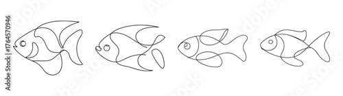 Four detailed line drawings showcase diverse dwarf cichlid fish species underwater