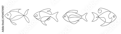 Four stylized fish with intricate details swimming together in a line showing movement and fluidity