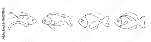 Four detailed black and white sketch drawings of firemouth cichlid fish in various poses