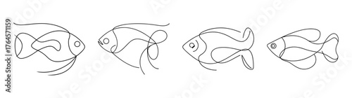 Four distinct gourami fish designs line art sketch artistic aquatic life forms