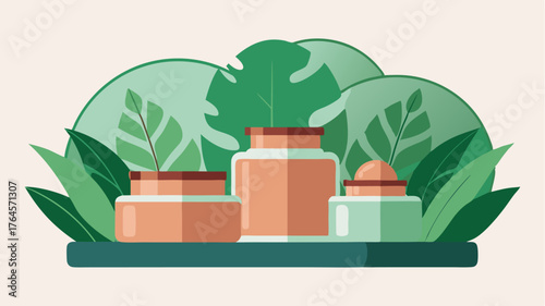 A chic copper tray holding beautifully designed skincare jars with a backdrop of lush green plants that enhance the natural aesthetic.