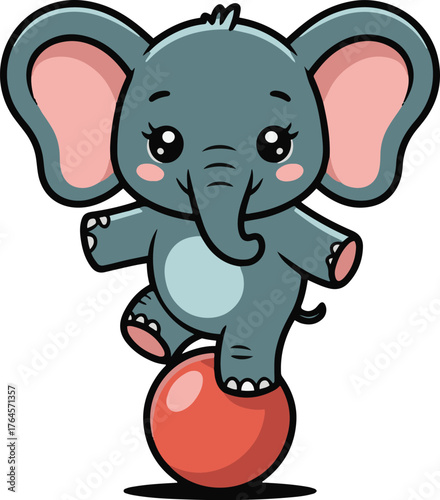Cute cartoon elephant balancing on a red ball with a cheerful background in yellow and pastel hues
