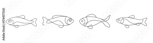 Detailed outline drawings of four unique aquarium fish species for artistic and educational use
