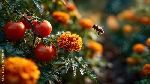 Lush, thriving home vegetable garden in a backyard, featuring ripe red tomatoes on the vine, vibrant orange marigolds, and a bumblebee in mid-flight.