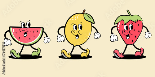 Cartoon Fruit Characters Walking – Watermelon, Lemon, and Strawberry Vector Illustration,cute cartoon fruit characters, walking fruit illustration, watermelon fruit cartoon, lemon character vector, st