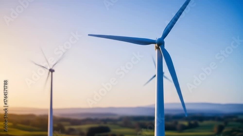 Three wind turbines stand tall against a soft blue sky at sunset with rolling green hills visible in the blurred background showing renewable energy generation in a natural