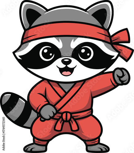 Cute cartoon raccoon dressed as karate martial artist in red uniform with cheerful expression