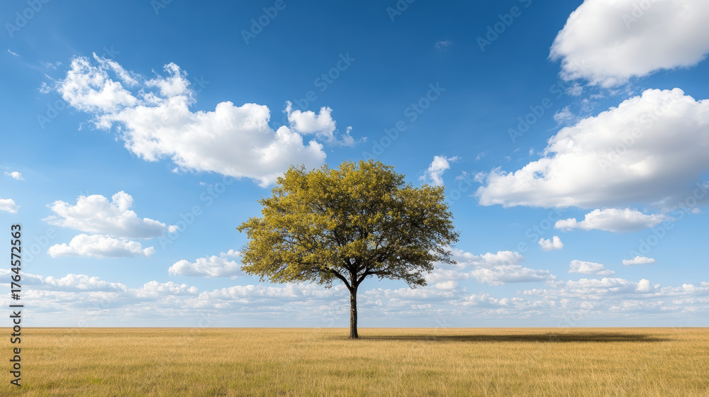 Obraz premium Solitary tree stands vast field bright blue sky filled with fluffy clouds, evoking sense