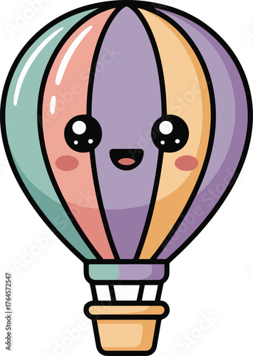 Cute kawaii hot air balloon illustration with colorful stripes and cute face design on white background