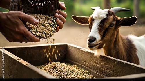 Farmer Feeding Goat Grains from Basket in Rustic Wooden Trough