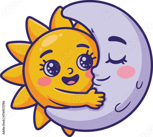Cute cartoon sun and moon embracing each other with happy expressions and cheerful atmosphere