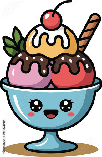 Adorable cartoon ice cream sundae with cherry and wafer in a smiling blue bowl, playful design
