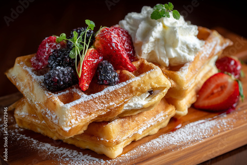 belgian waffles golden crispy waffles wooden board strawberries blackberries realistic food photography