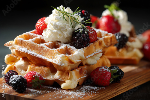 belgian waffles golden crispy waffles wooden board strawberries blackberries realistic food photography