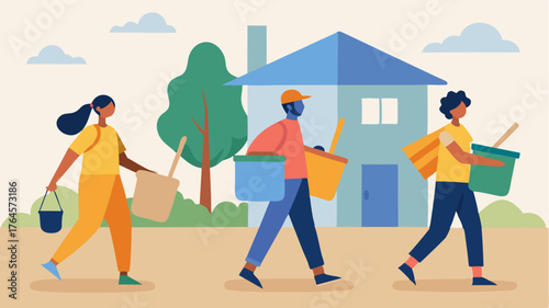 Neighbors are carrying large bundles of supplies like paint cans and brushes toward a community center to revamp its facade.