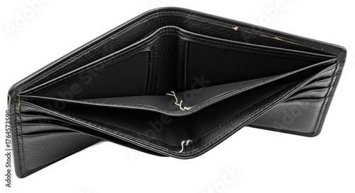 Open empty black leather bifold wallet displaying financial void and lack of funds isolated on transparent background