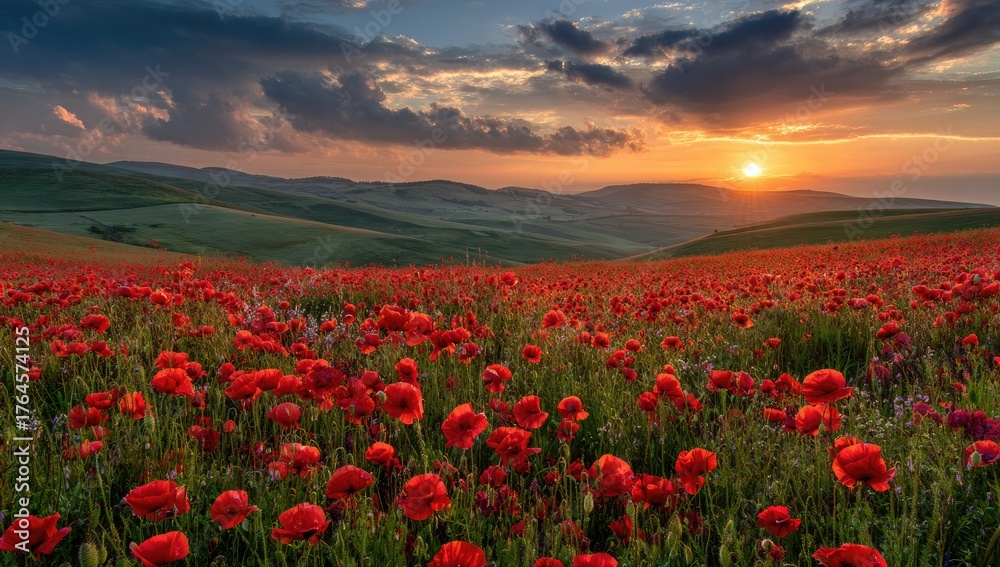 Fototapeta premium Stunning sunset over a vibrant poppy field