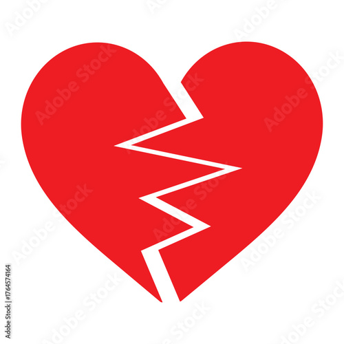 Red heart broken into two pieces vector illustration icon or logo, broken heart concept, breakup or divorce, heartbreak, regret, separated couple, tragic love. Broken red heart emoji.