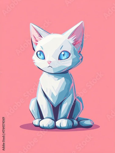Cute cartoon white cat with blue eyes sitting on pastel pink background.