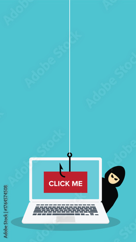 Hacker using click me bait to steal confidential data, personal information and credit card detail. Hacking concept