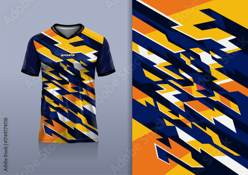 T-shirt mockup abstract stripe line jersey design for football, soccer, racing, esports, running, in navy orange yellow color	