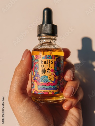 Close-up of hand holding colorful design dropper bottle with bright label and amber essential oil.