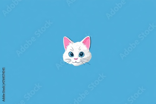 Cute white cat head cartoon illustration with big blue eyes on a light blue background.