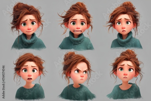 Cartoon character sheet showing female face with various emotional expressions in 3D animation style.