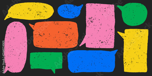 Naive colorful lines, cute borders, bright kid doodle shapes. Sketchy speech frames with text box chalkboard elements and playful joyful energy.
