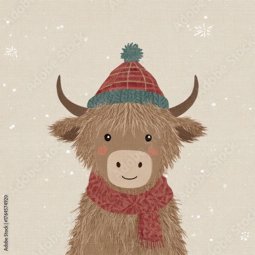 Cute cartoon highland cow wearing winter hat and scarf with beige background and snowflakes.