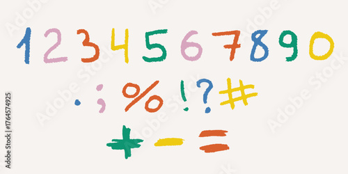 Doodle contemporary numbers and signs made with pencil texture. Primitive abstract form in quirky style. Crayon squiggle with naive energy.