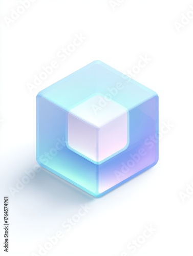 3D glowing glass cube with iridescent colors and soft reflections on white background.