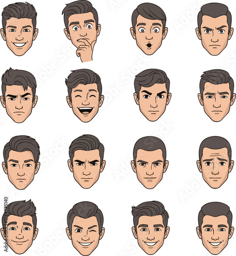 Create a kinds of deferent Business casual young man facial expression illustration set vector art with white background..