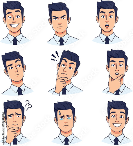 Create a Business facial expression illustration set for a young sales man vector art with white background..