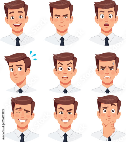 Create a kinds of deferent Business facial expression illustration set for a young sales man vector art with white background.