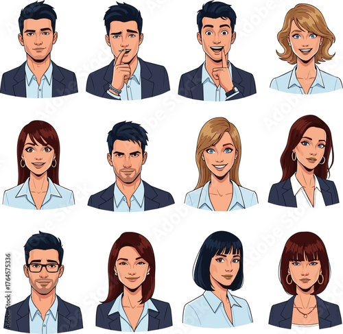 Create a kinds of deferent Stylish young business person facial expression illustration set vector art with white background.