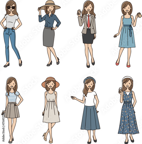 Create a kinds of deferent Simple vector illustration of a happy stylish young woman vector art with white background..