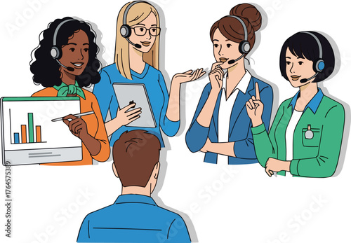 Create a kinds of deferent female operator guiding a customer vector art with white background.