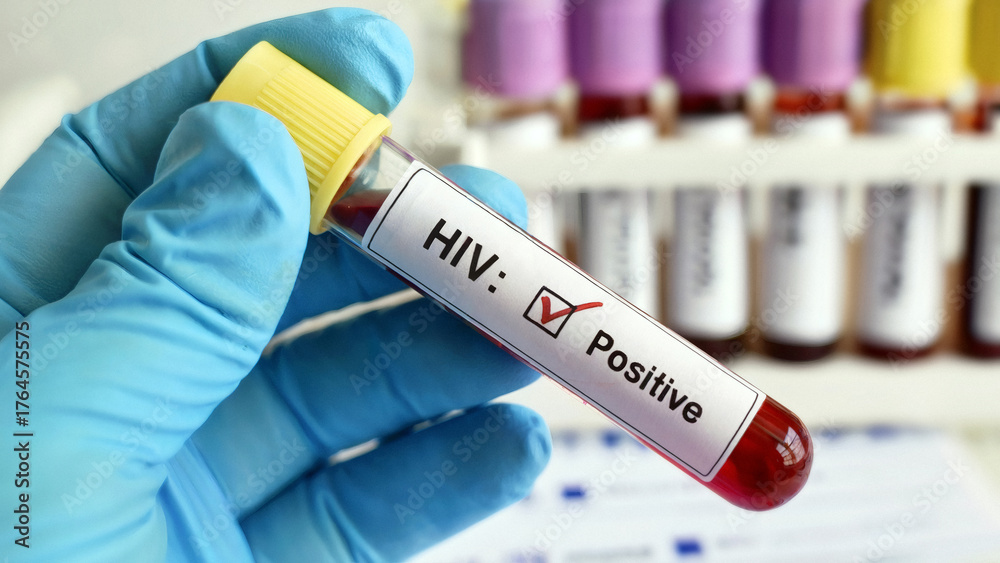Obraz premium Positive HIV test held by medical professional in blue gloves for healthcare research