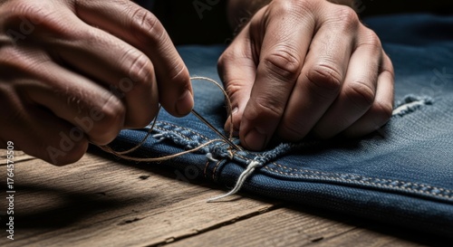 Man stitching denim fabric on wooden table in close-up view  