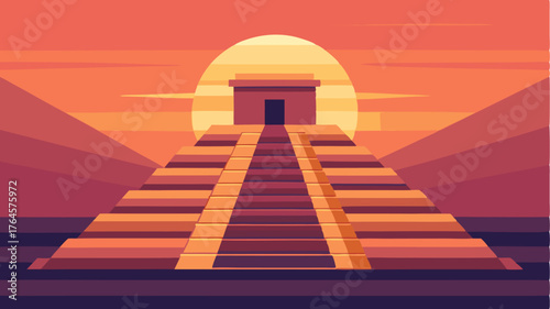An abstract rendition of a pyramid with layered steps and a warm sunset backdrop evoking ancient history.
