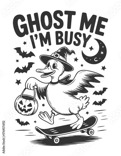 Whimsical duck in witch hat rides skateboard with candy bucket, spooky bats and moon create Halloween fun