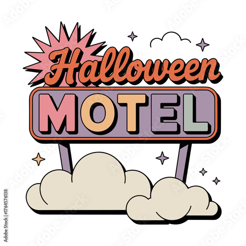 Retro Halloween Motel Neon Sign with Clouds and Stars, Spooky Vintage Vibes for Themed Events and Decorations