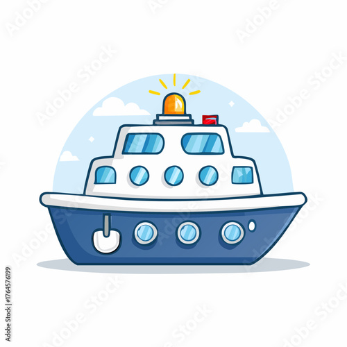 Alert police boat patrolling the ocean with flashing lights, ready for action in vibrant maritime enforcement scenarios