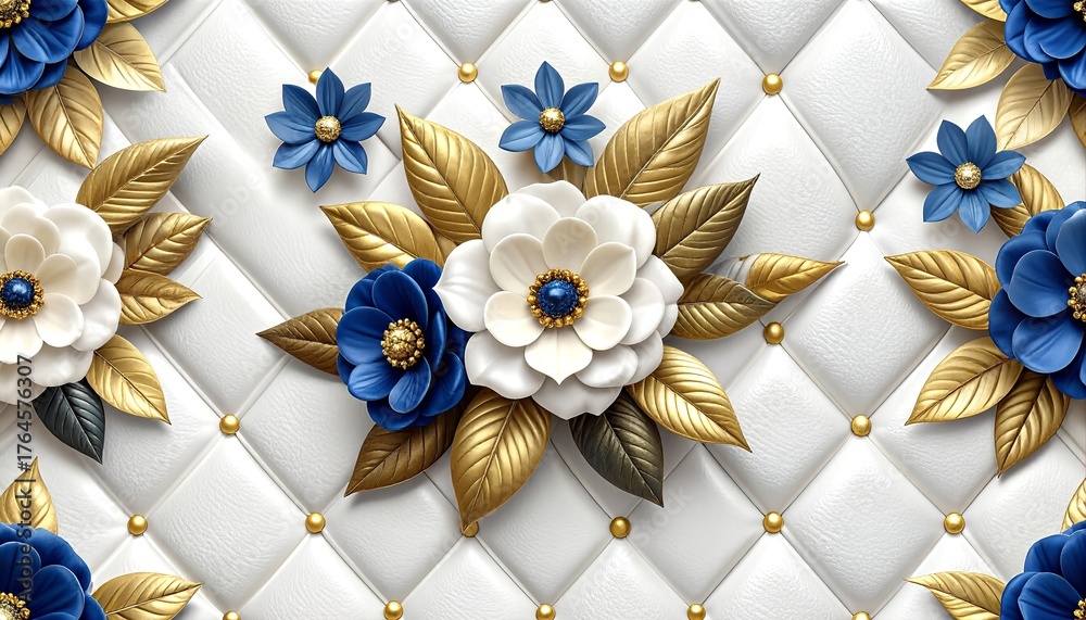 Obraz premium Elegant White Quilted Background with Ornate Blue and Gold Floral Embellishments Luxurious Decorative Art