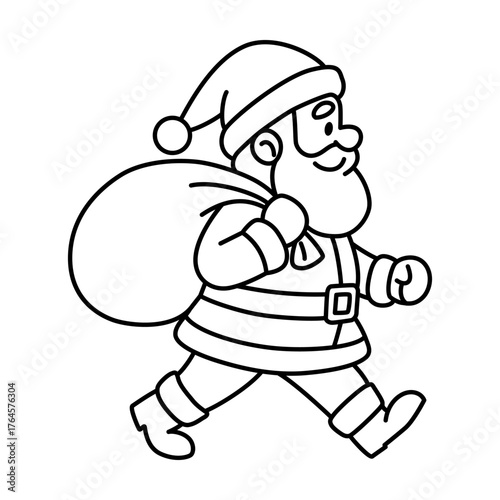 Black and white outline illustration of Santa Claus walking with a large sack slung over his shoulder. Clean line art style for holiday-themed projects, stickers, or educational materials.