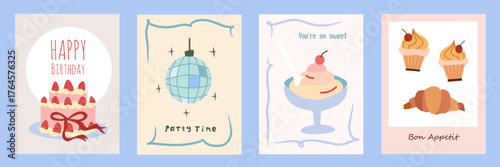 Happy Birthday Card Set. Adorable greeting cards with cute ice cream, birthday cake, and dessert. Designs for congratulations on holiday. Flat vector illustration collection isolated on background.