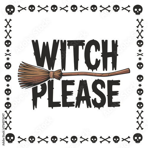 Spooky Halloween witch broom and skull border for festive spooky designs, perfect for party invitations and seasonal decorations