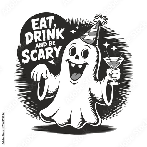 Cheery cartoon ghost in party hat holding cocktail, ready for a spooky celebration, 'Eat, Drink and Be Scary' text