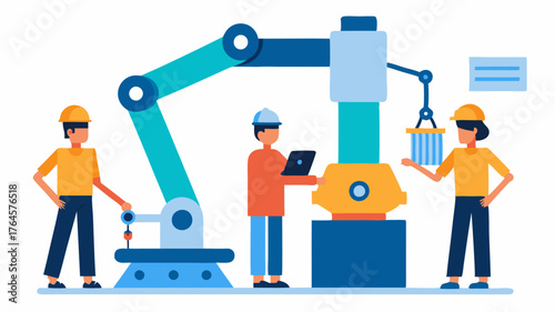 A collaboration between humans and robots in an advanced manufacturing setup showcasing precision engineering and efficiency in production lines.